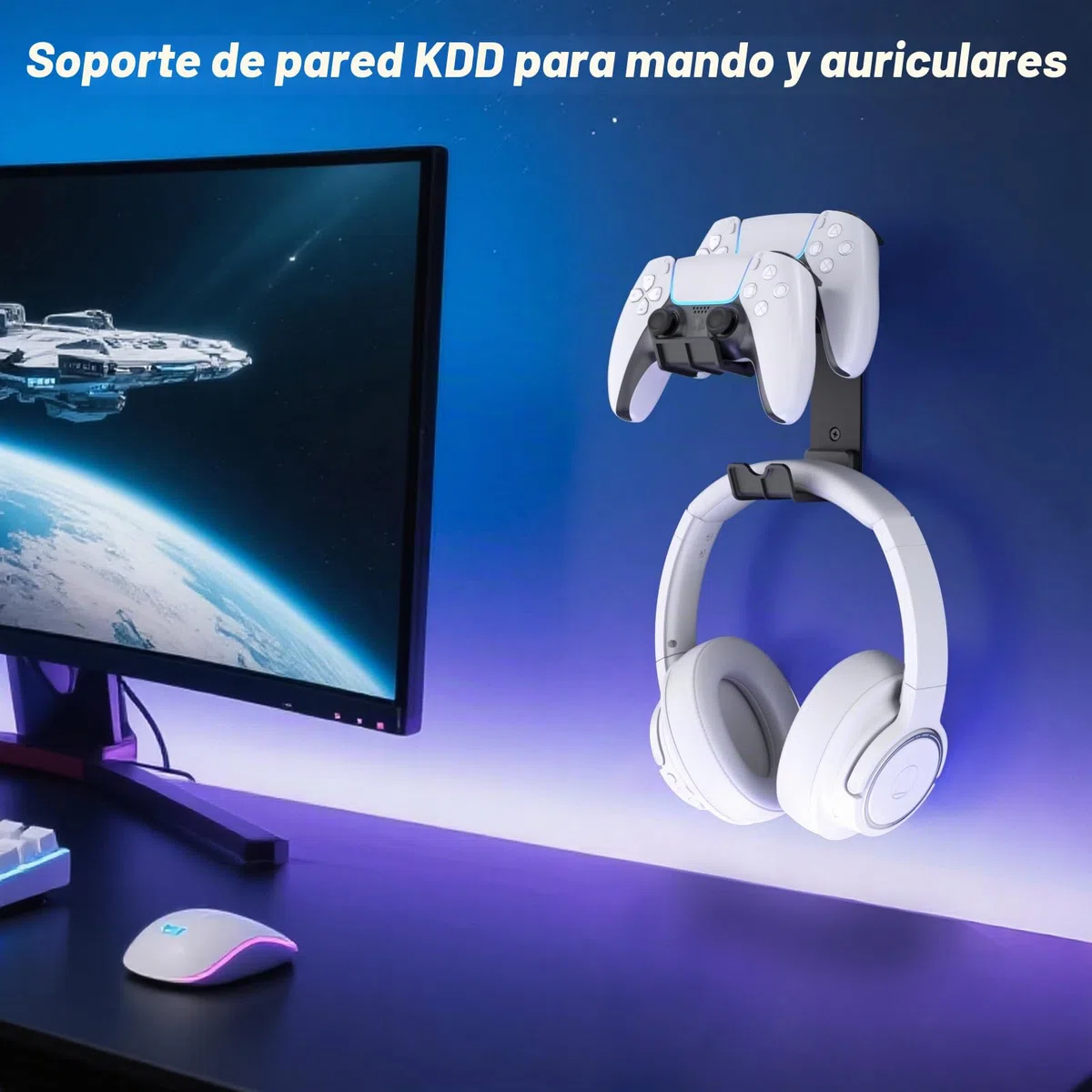 KDD Dos Soporte Mando Gamepad, Universal Soporte Auriculares Pared & Gancho Controlador de Pared, Instalación Adhesiva o con Tornillos para Cascos Xbox PS5/4/3 Switch STEAM Juegos Accesorios Gaming PC
