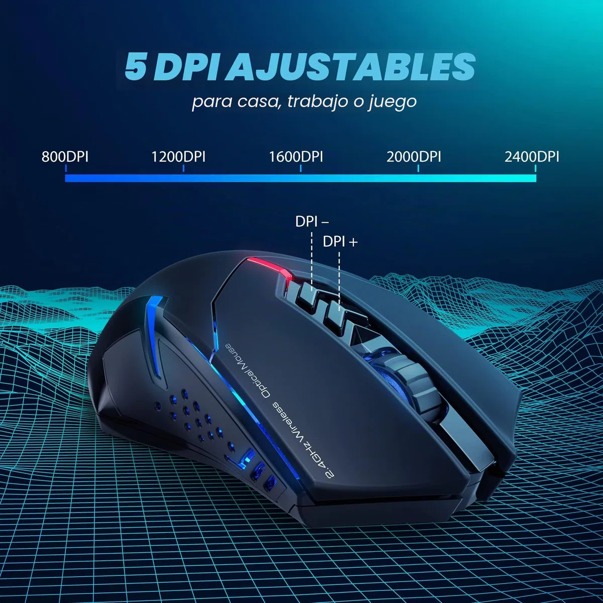 T-DAGGER Ratón inalámbrico para Juegos - Ratones inalámbricos USB para computadora con retroiluminación LED roja, Mouse ergonómico silencioso para Laptop con 7 Botones de Clic silenciosos, 5 dpi