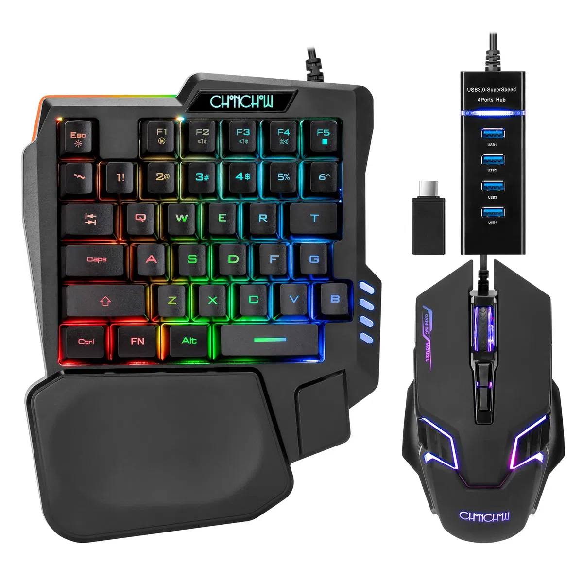 Ratón y Teclado con una Sola Mano, Adaptador USB Tipo C, Combo para Juegos con retroiluminación LED RGB 7200DPI CPI Personalizado, Adaptador de 4 Puertos, tamaño pequeño, Juego con Cable para LOL/Wow