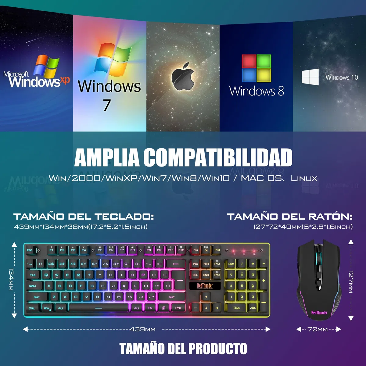 RedThunder K10 Teclado Gaming Sensación Mecánico lnalámbrico,Retroiluminación RGB,Batería Recargable de 3800 mAh, Anti-ghosting+Ratón 7D 3200DPI,Disposición ES,para PC/PS5/Xbox-Negro
