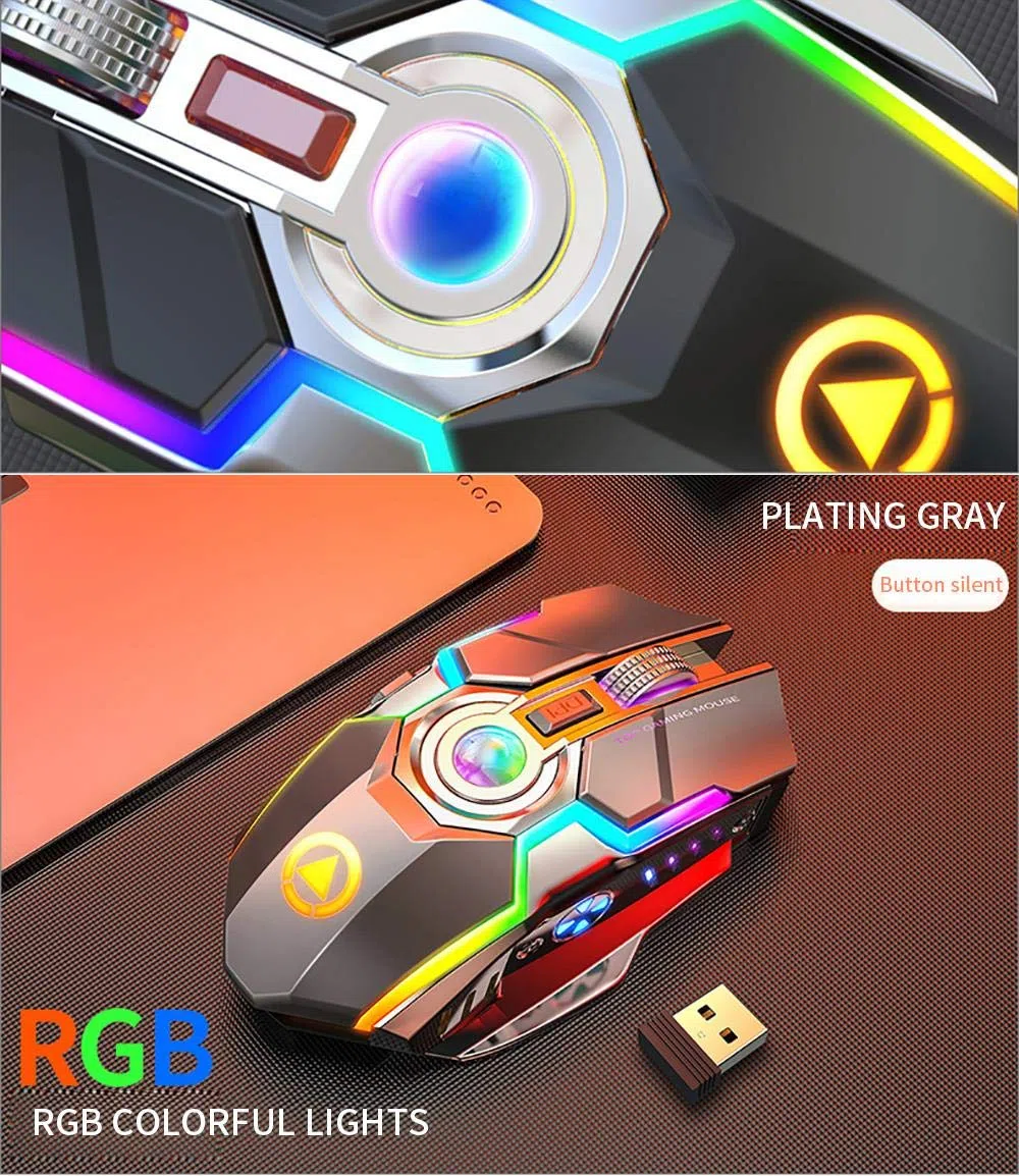 Ratón inalámbrico para juegos de carga ergonómico silencioso de 7 botones RGB retroiluminado 1600 DPI, adecuado para jugadores portátiles Negro
