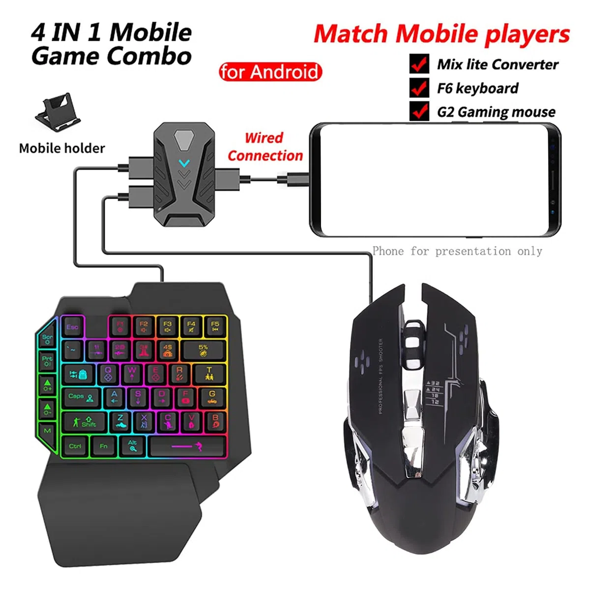 Combo de Teclado para Juegos RGB con una Mano y Mouse Retroiluminado, Retroiluminación LED con Cable USB con Convertidor para XboxONE, Teclado de Sensación Mecánica