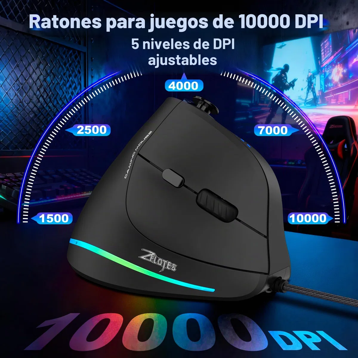 TRELC Ratón para Juegos con balancín 5D, Mouse ergonómico con 10000 DPI/11 Botones programables, Mouse Vertical RGB para Juegos con Cable para PC/portátil/Deportes electrónicos/Jugadores (Negro)