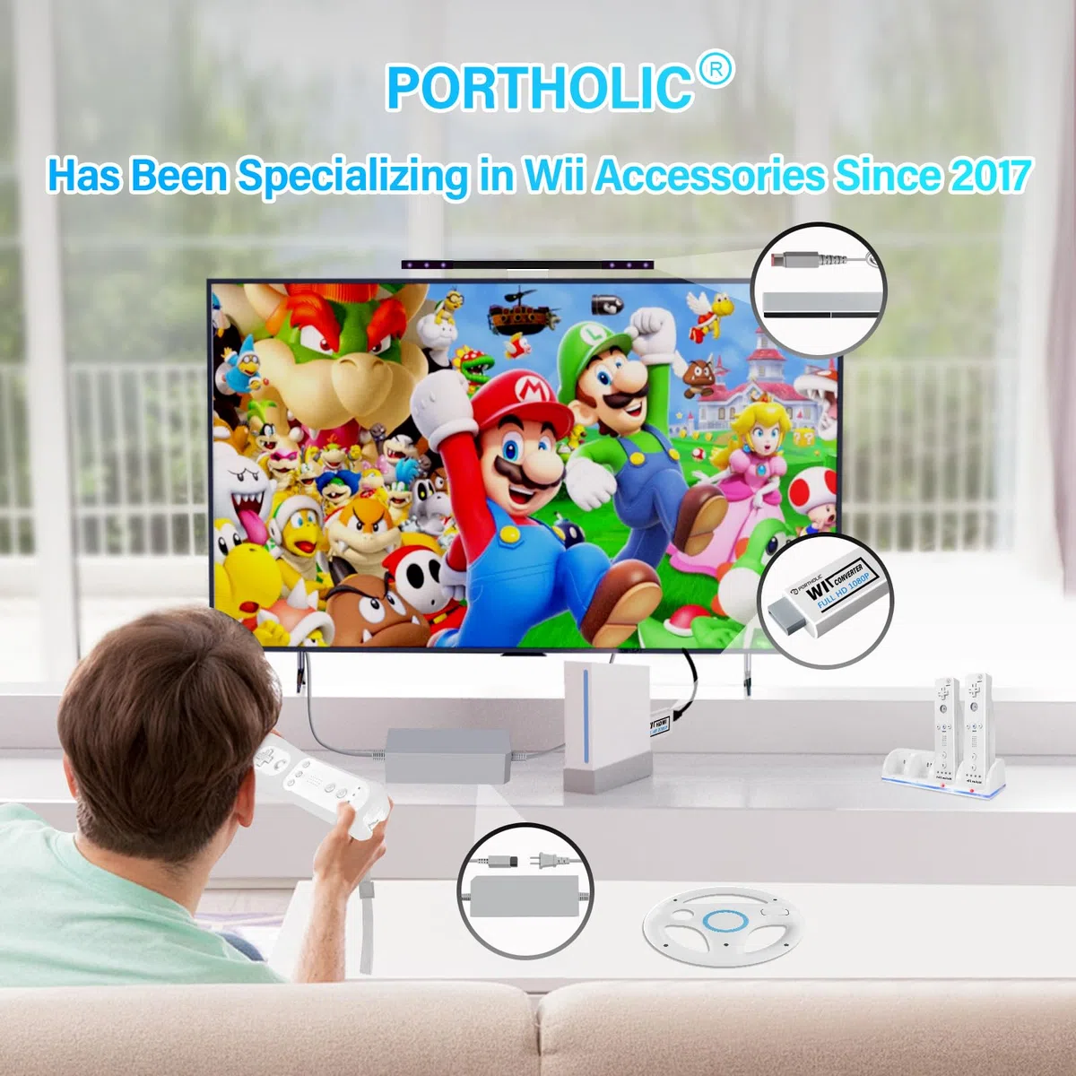 PORTHOLIC Adaptador Wii HDMI con Cable HDMI HD 1080p con Salida de Audio de 3,5 mm y Hdmi, soporta Todos los Modos de visualización Wii para Wii Monitor Projector TV (Blanco)