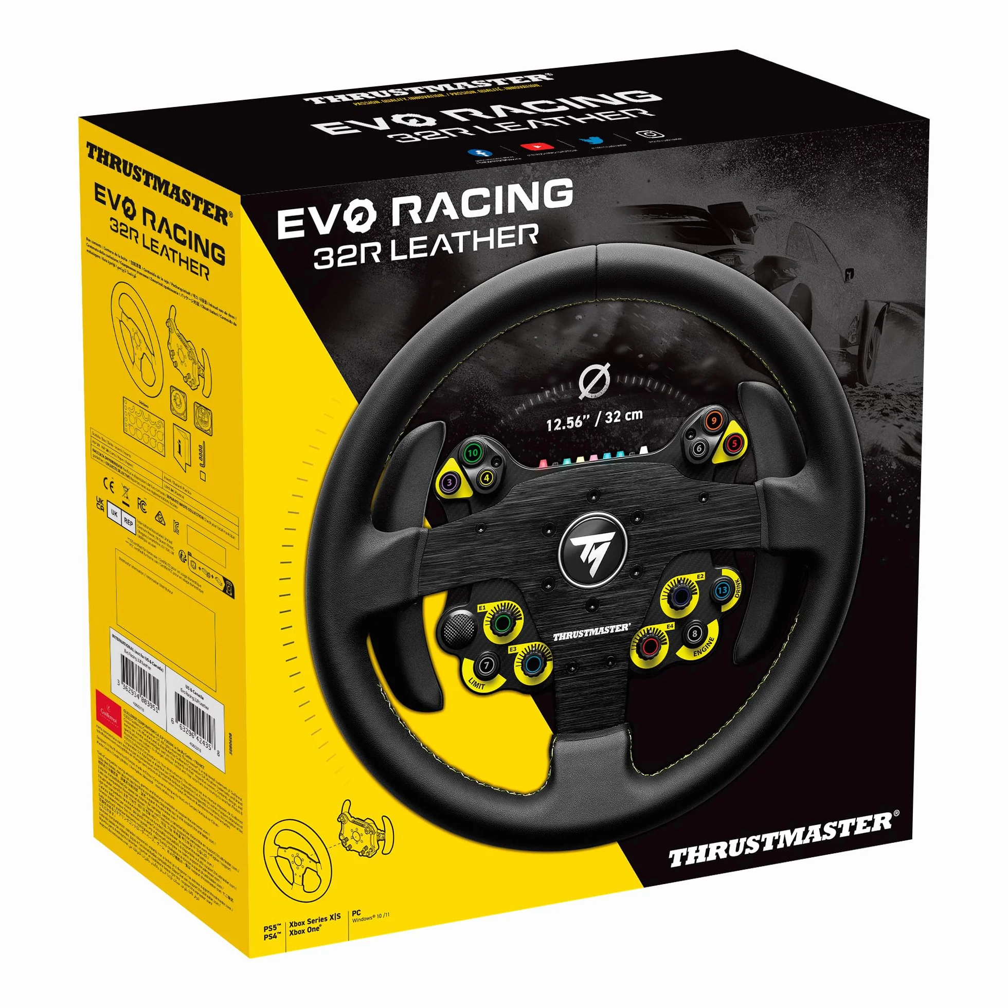 Thrustmaster EVO Racing 32R Leather - Volante de Cuero de 32 cm con EVO Hub (Buje Desmontable, Levas Magnéticas, 25 Botones, Compatible con PS5, Xbox y PC) Negro