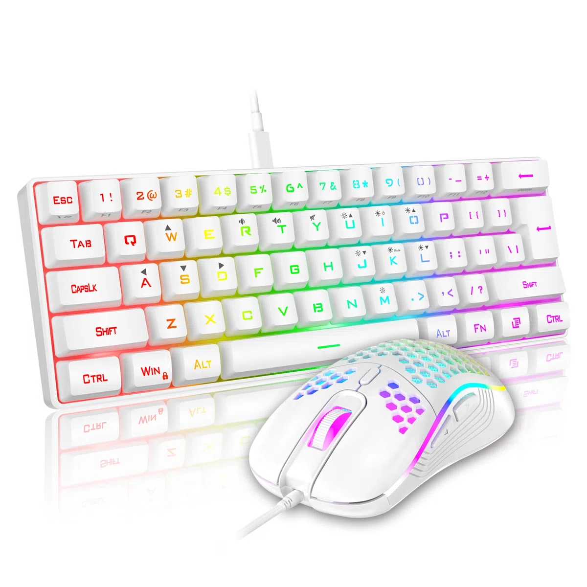 RedThunder 60% Gaming Keyboard and Mouse Combo, Ultra-Compact 61 Keys RGB Backlit Mini Keyboard, Lightweight 7200 dpi Honeycomb Optical, Wired Gaming Set for PC Mac PS5 Xbox Gamer(White)