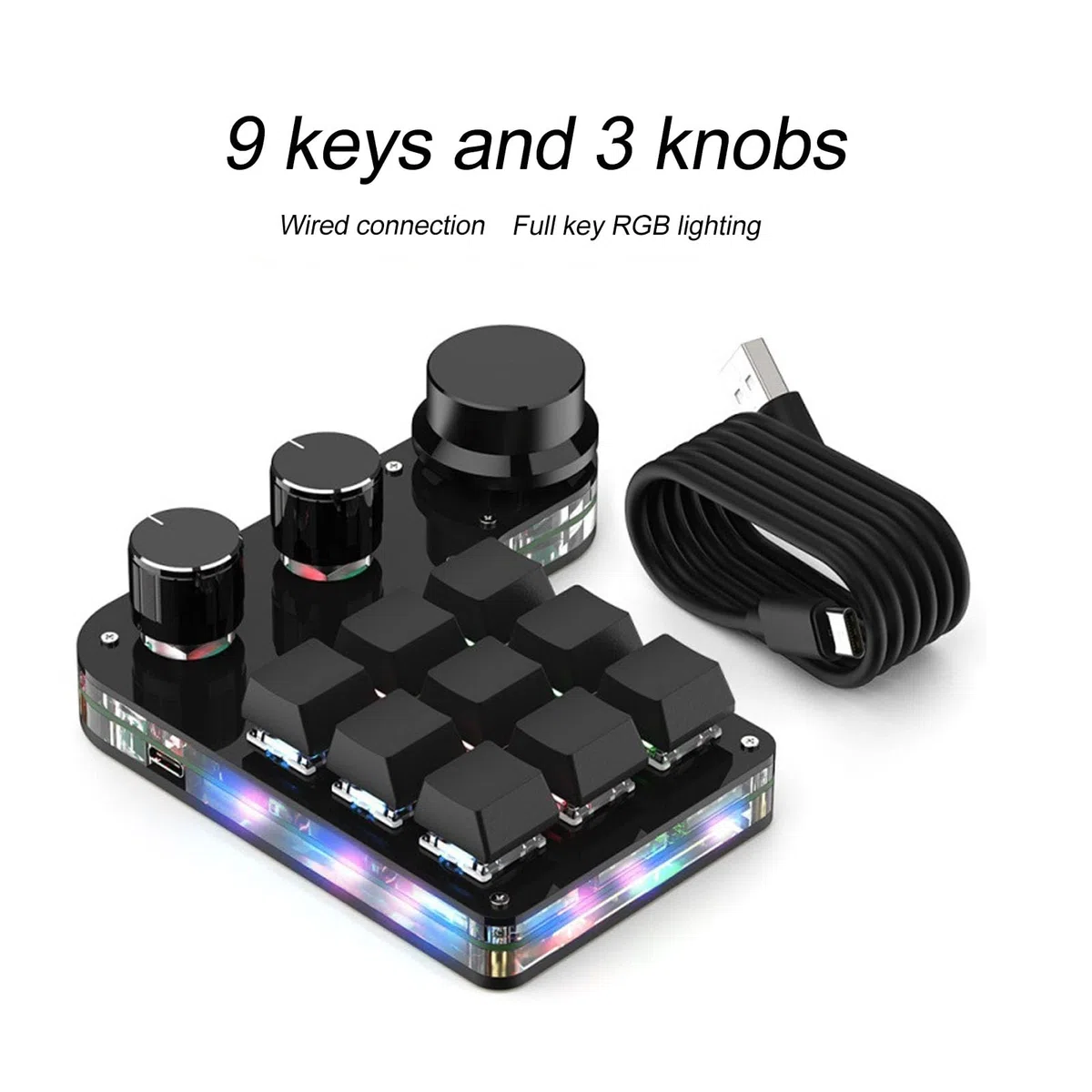 YWBL-WH Teclado Mecánico para Jugar, Mini Macro USB, 9 Teclas, 3 Perillas, Teclado LED RGB, Macro Play, Teclado USB de PC con una Mano para