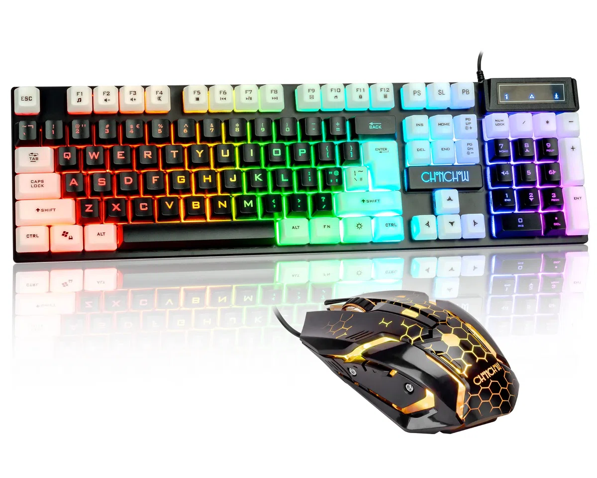 CHONCHOW Combo de teclado y mouse iluminados, teclado LED RGB para juegos de tamaño completo y mouse para juegos con cable arcoíris para PS4, PS5, Xbox One, computadora, computadora, computadora,
