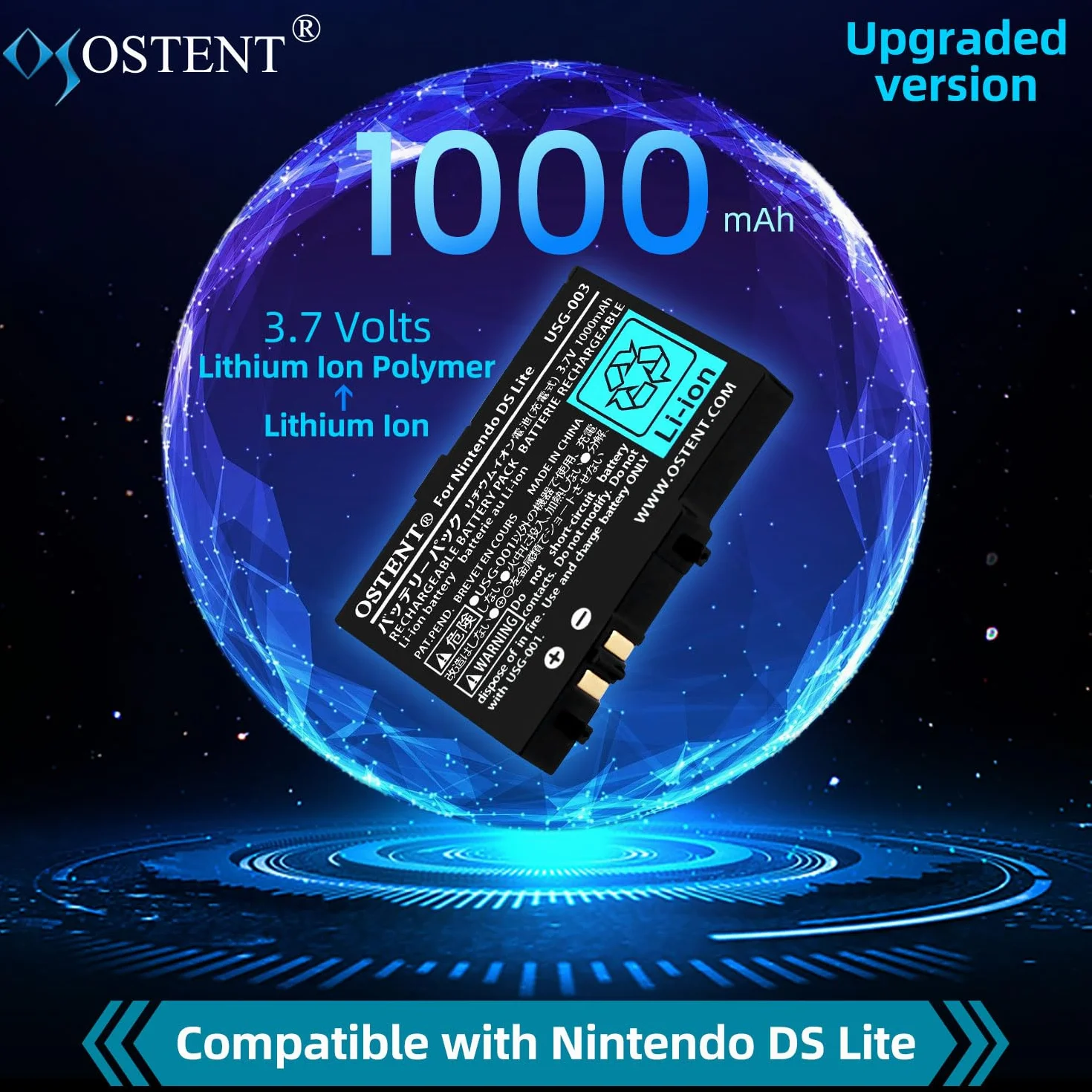 OSTENT 3.7V 1000mAh Recargable Li-Ion Polímero Batería Kit de Herramientas para Nintendo DSL NDS Lite