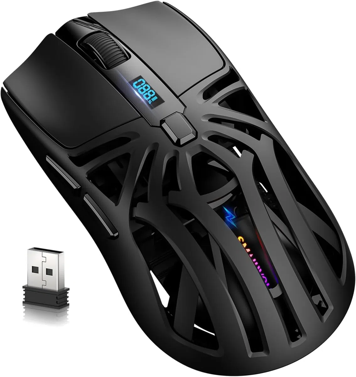 Ratón inalámbrico para juegos, 10000 DPI, Tri-Mode 2.4GHz/Bluetooth/Ratón con cable, 6 botones, pantalla digital, ratones silenciosos, recargable, macro personalizable y retroiluminación RGB para