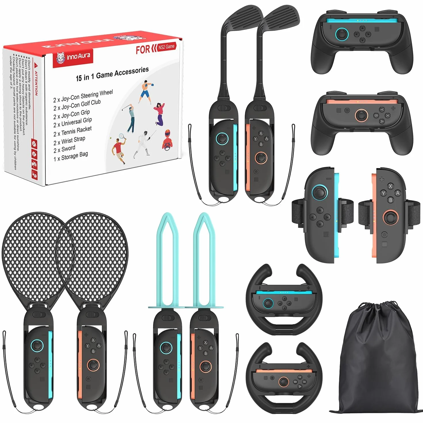 15 en 1 Kits de Accesorios para NS Switch 2, innoAura Juego de Accesorios Deportivos Para Juegos Nintendo Switch 2 con Bolsa de Almacenamiento para Fiestas y Familias