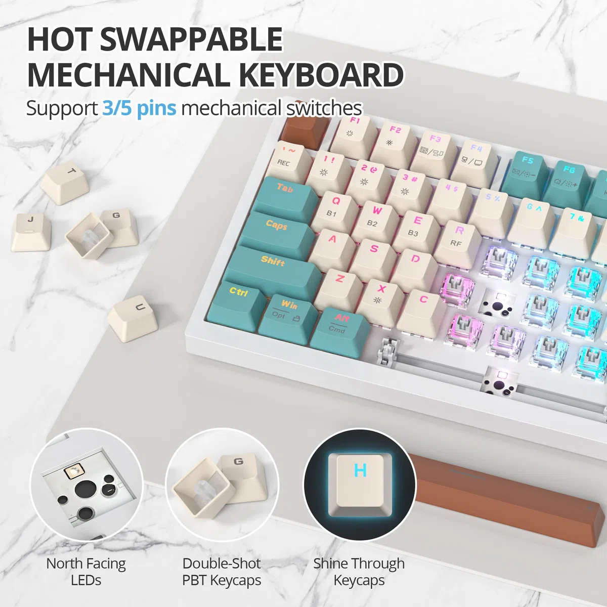 SOLIDEE teclado intercambiable en caliente 75% con perilla,Bluetooth 5.0/2.4GHz/USB-C Teclado mecánico Gasket,retroiluminación RGB teclado mecánico para juegos para Win Mac,Cream Grey Switch(82 Brown)