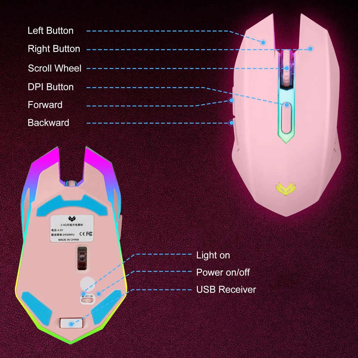 Ratón inalámbrico para juegos, mouse inalámbrico recargable para computadora, luz LED de 7 colores, mouse ergonómico con 6 botones de clic silenciosos, 3 mouse inalámbrico ajustables de