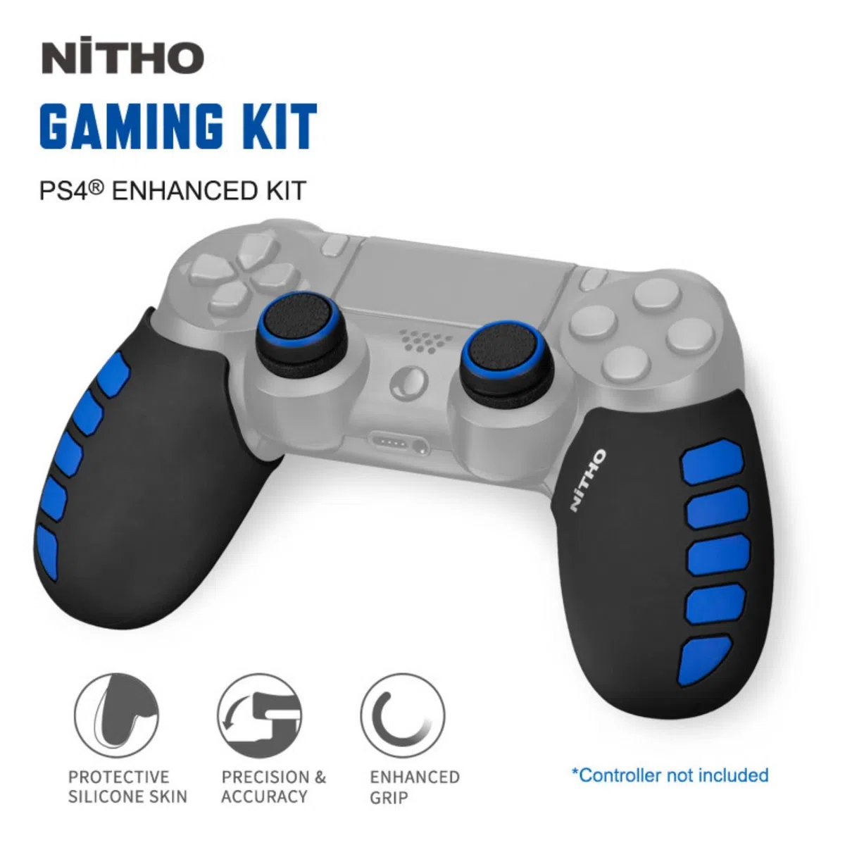 NiTHO Gaming Kit para Mando de PlayStation 4, Incluye Mangos de Silicona Antisudor, Anillos de Precisión, Empuñaduras para Pulgar, Mejora el Control y la Precisión del Juego para PS4 - Azul/Negro
