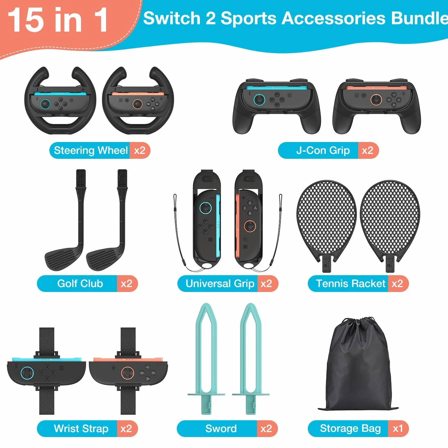15 en 1 Kits de Accesorios para NS Switch 2, innoAura Juego de Accesorios Deportivos Para Juegos Nintendo Switch 2 con Bolsa de Almacenamiento para Fiestas y Familias