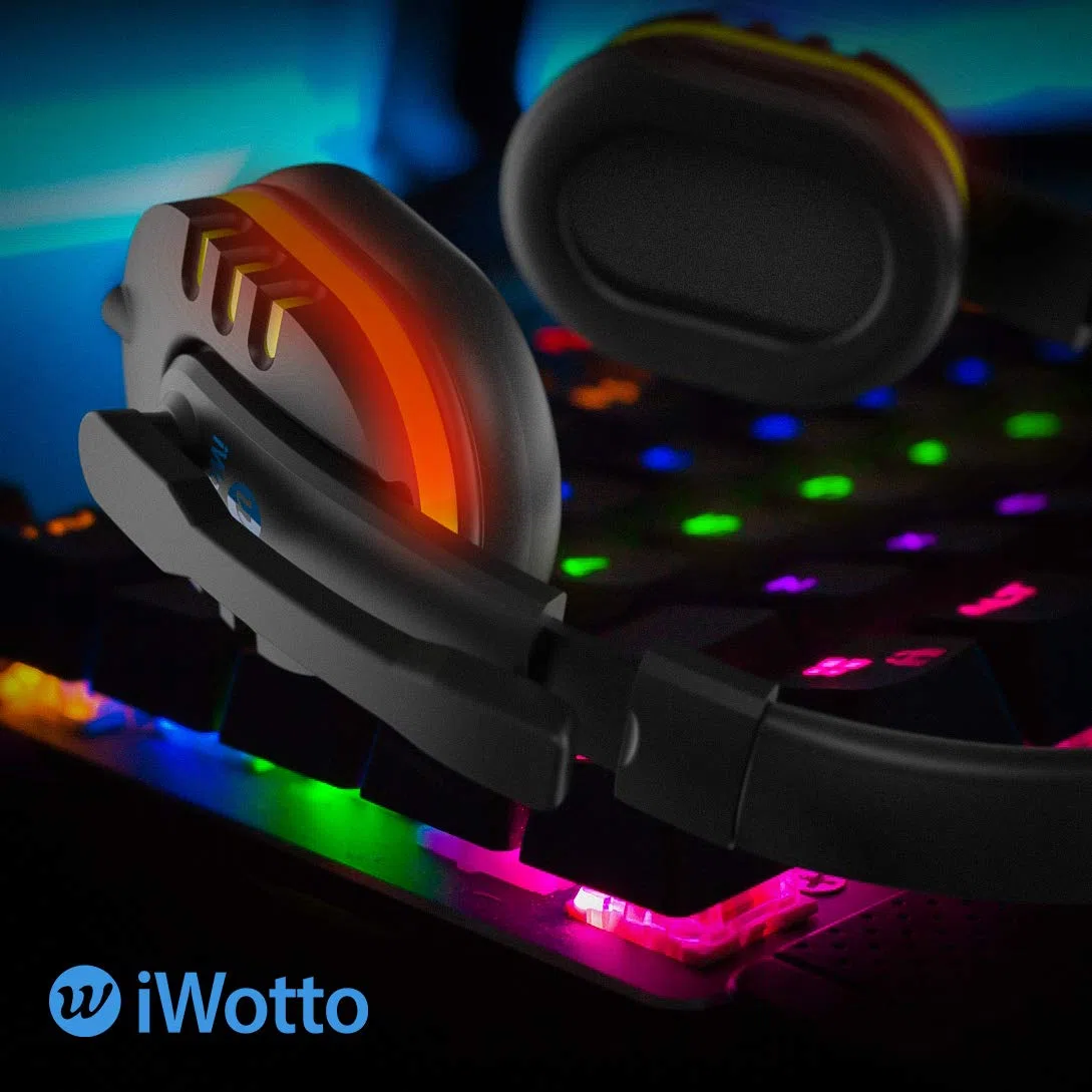 Cascos Gaming iWotto, Auriculares Gaming De Diadema Cancelación Ruido, Auriculares con Micrófono Flexible, Orejeras Cómodas Iluminación RGB para PS4 Xbox One PC Tablet