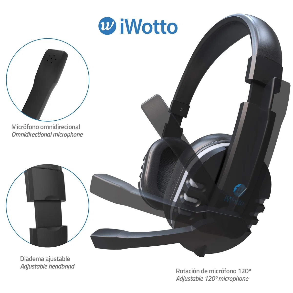 Cascos Gaming iWotto, Auriculares Gaming De Diadema Cancelación Ruido, Auriculares con Micrófono Flexible, Orejeras Cómodas Iluminación RGB para PS4 Xbox One PC Tablet
