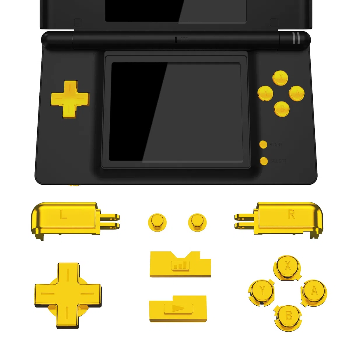 eXtremeRate Botones de Repuesto para Nintendo DS Lite, D-pad A B X Y R L Start y Select, Teclas de Volumen Power - Sin Consola Portátil, Dorado Cromo