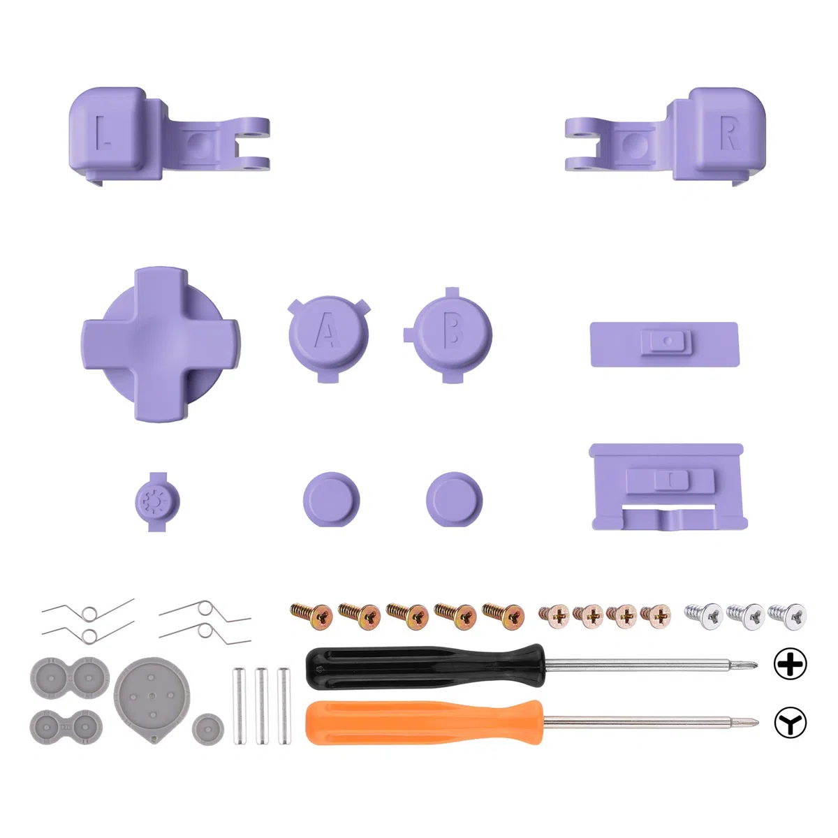 eXtremeRate Botones Completos para Gameboy Advance SP (GBA SP), Teclas de Repuesto A B L R, Power On/Off, Volumen y D-Pad, No Incluye Control, 16Bits Violeta Claro