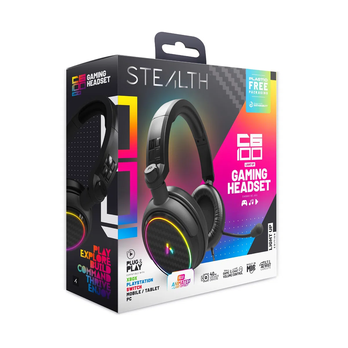 STEALTH C6-100 con LED Casco Gaming Over Ear para PS4/PS5, Xbox, Nintendo Switch, PC, Micrófono Flexible, Conector de 3.5mm, Cable 1.5m, Ligero, cómodo y Duradero