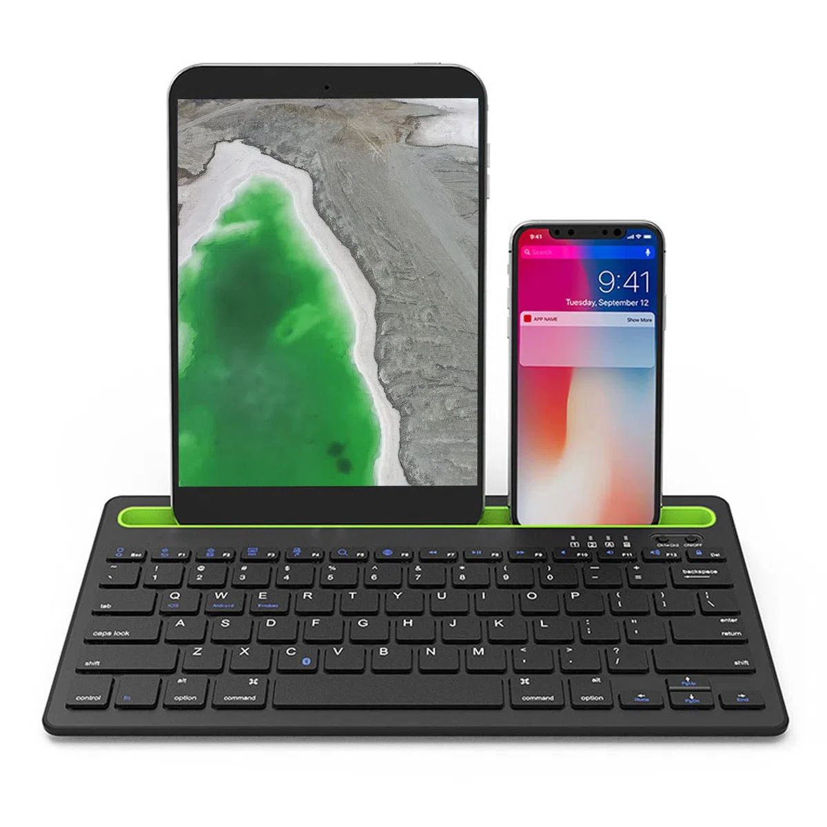Teclado Inalámbrico Multidispositivo para OS X, Android y Windows, con Ranura para Tarjetas, Diseño de Doble Canal, Construcción de Pie de Tijera, Equipada Teclas de Acceso Rápido, Teclado Bluetooth