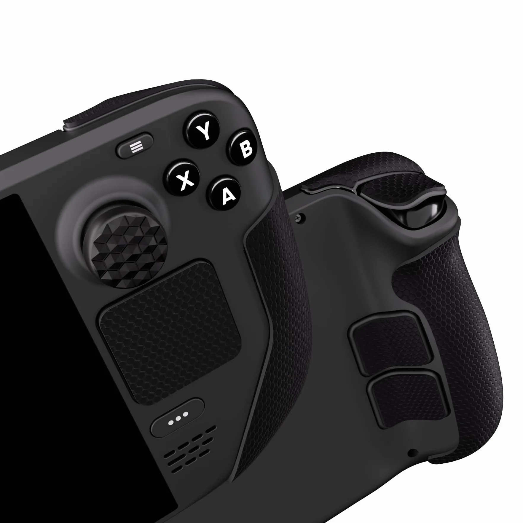 PlayVital Almohadilla de Goma Suave con Textura para Steam Deck LCD & OLED Pegatina para Mejorar el Agarre de la Piel Protector con Botón Trasero y Tapas de Pulgar(Panal Textura-Negro)
