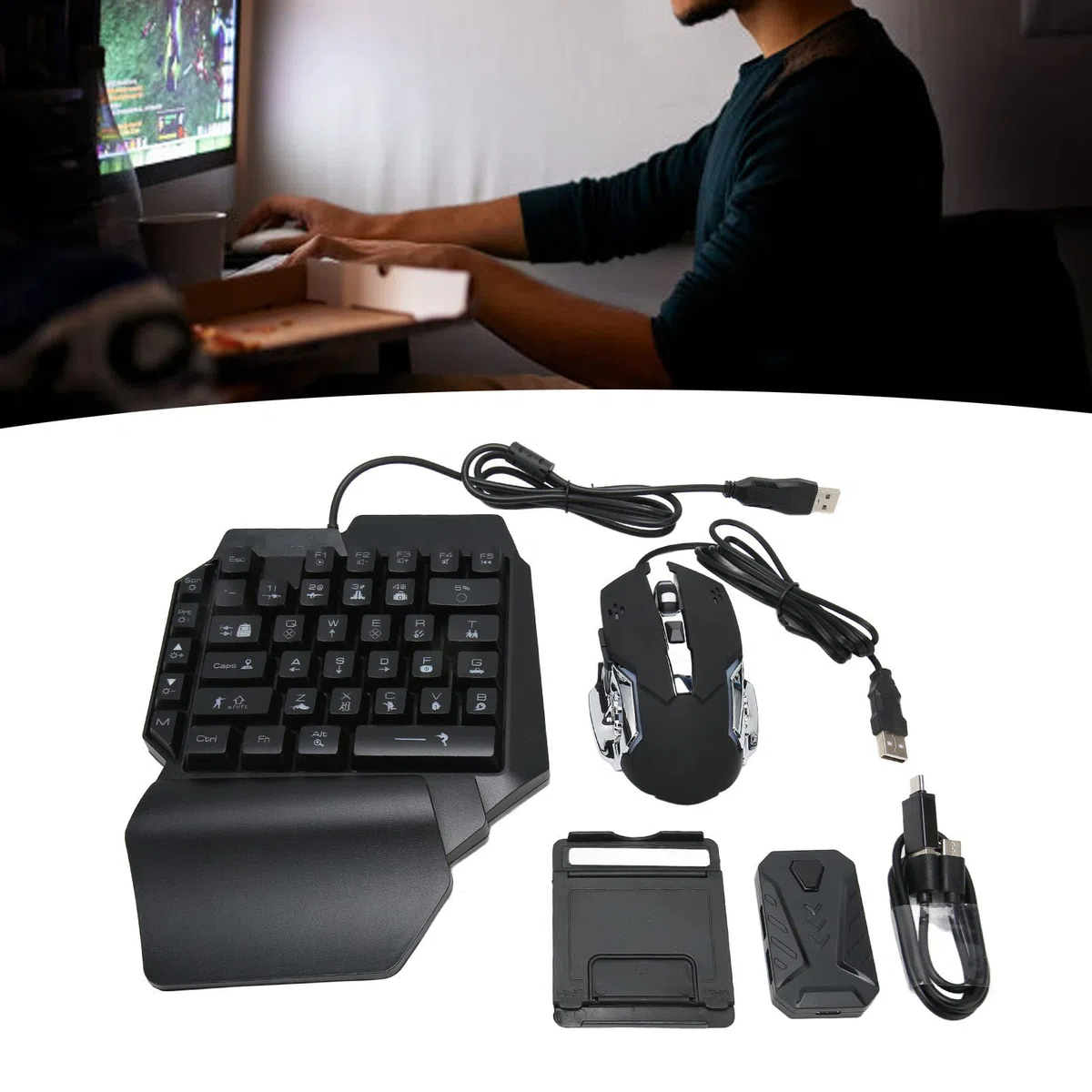 Combo de Teclado para Juegos RGB con una Mano y Mouse Retroiluminado, Retroiluminación LED con Cable USB con Convertidor para XboxONE, Teclado de Sensación Mecánica