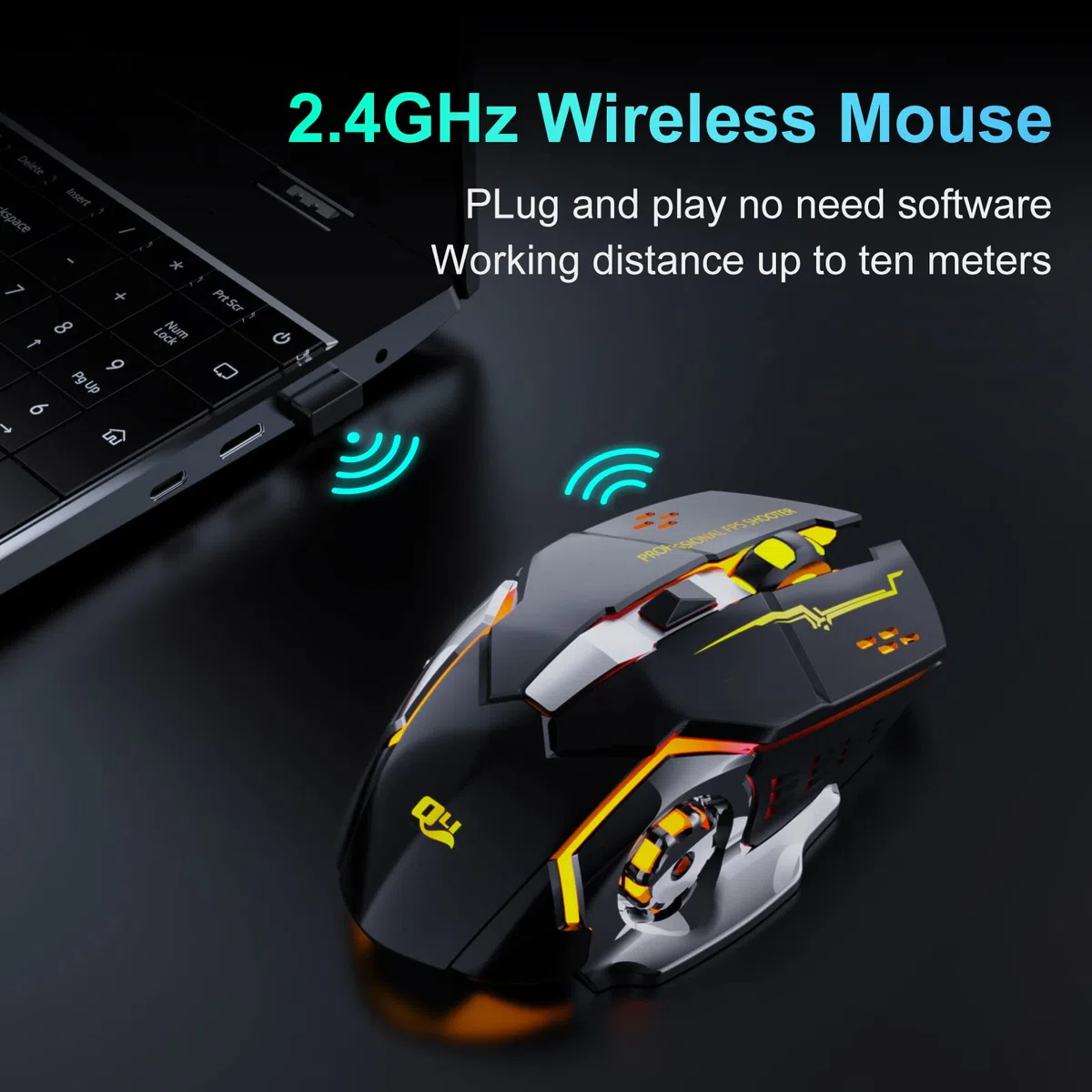 QELIROKY Ratón inalámbrico recargable de 2.4 G para juegos, clic silencioso con 6 botones, 3 niveles ajustables DPI, luces LED coloridas para laptop, iPad, MacOS, PC, Windows, Android (negro)