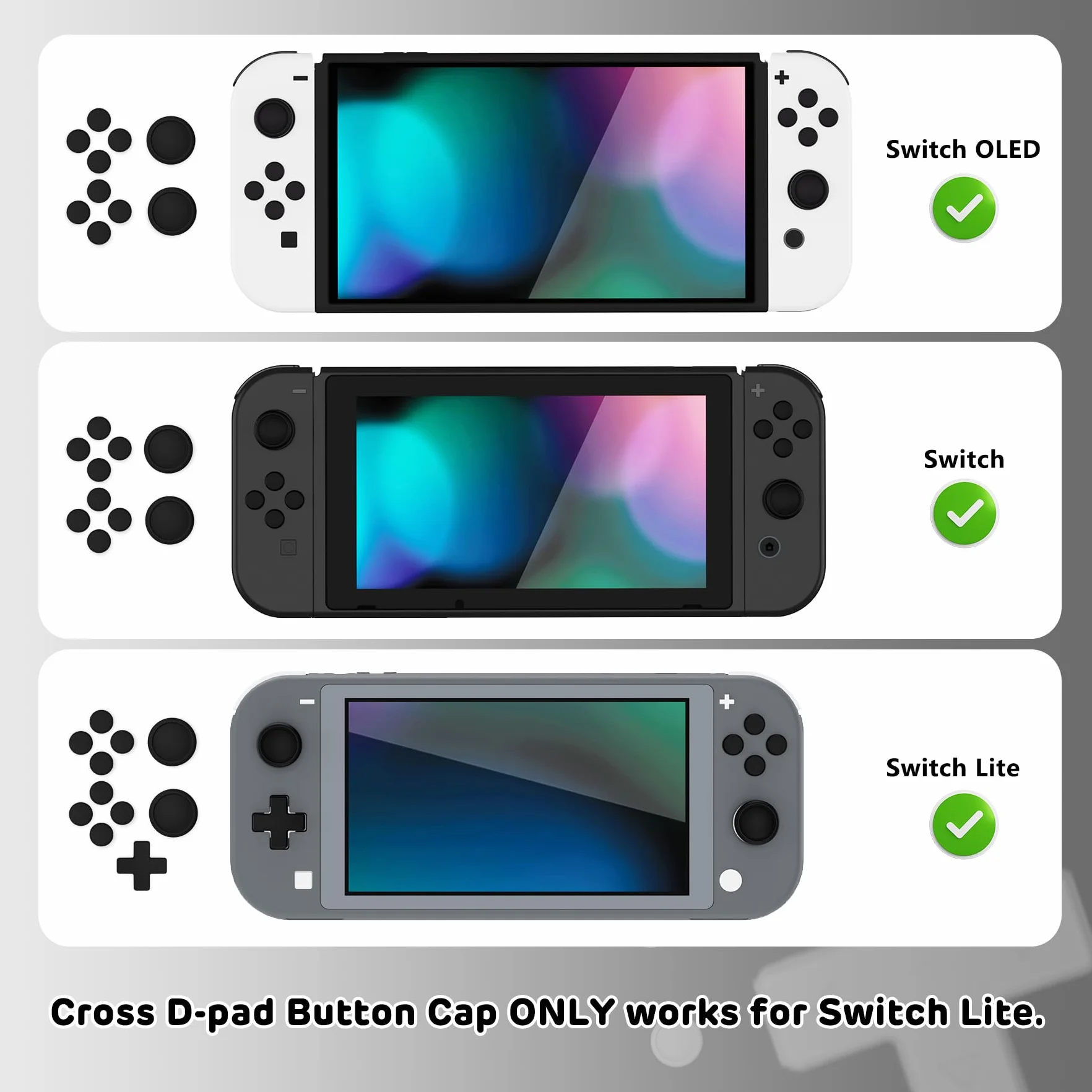 PlayVital Agarres para el Pulgar para Nintendo Switch/Lite/OLED, Tapas de Silicona para Botones ABXY y D-Pad, Silicona Caps de Joystick para Switch Lite, Tapones para Thumbstick (Negro)