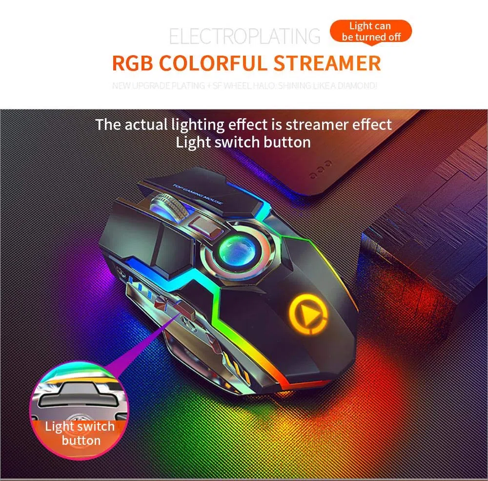 Ratón inalámbrico para juegos de carga ergonómico silencioso de 7 botones RGB retroiluminado 1600 DPI, adecuado para jugadores portátiles Negro