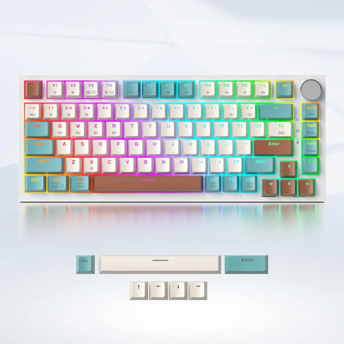 SOLIDEE teclado intercambiable en caliente 75% con perilla,Bluetooth 5.0/2.4GHz/USB-C Teclado mecánico Gasket,retroiluminación RGB teclado mecánico para juegos para Win Mac,Cream Grey Switch(82 Brown)