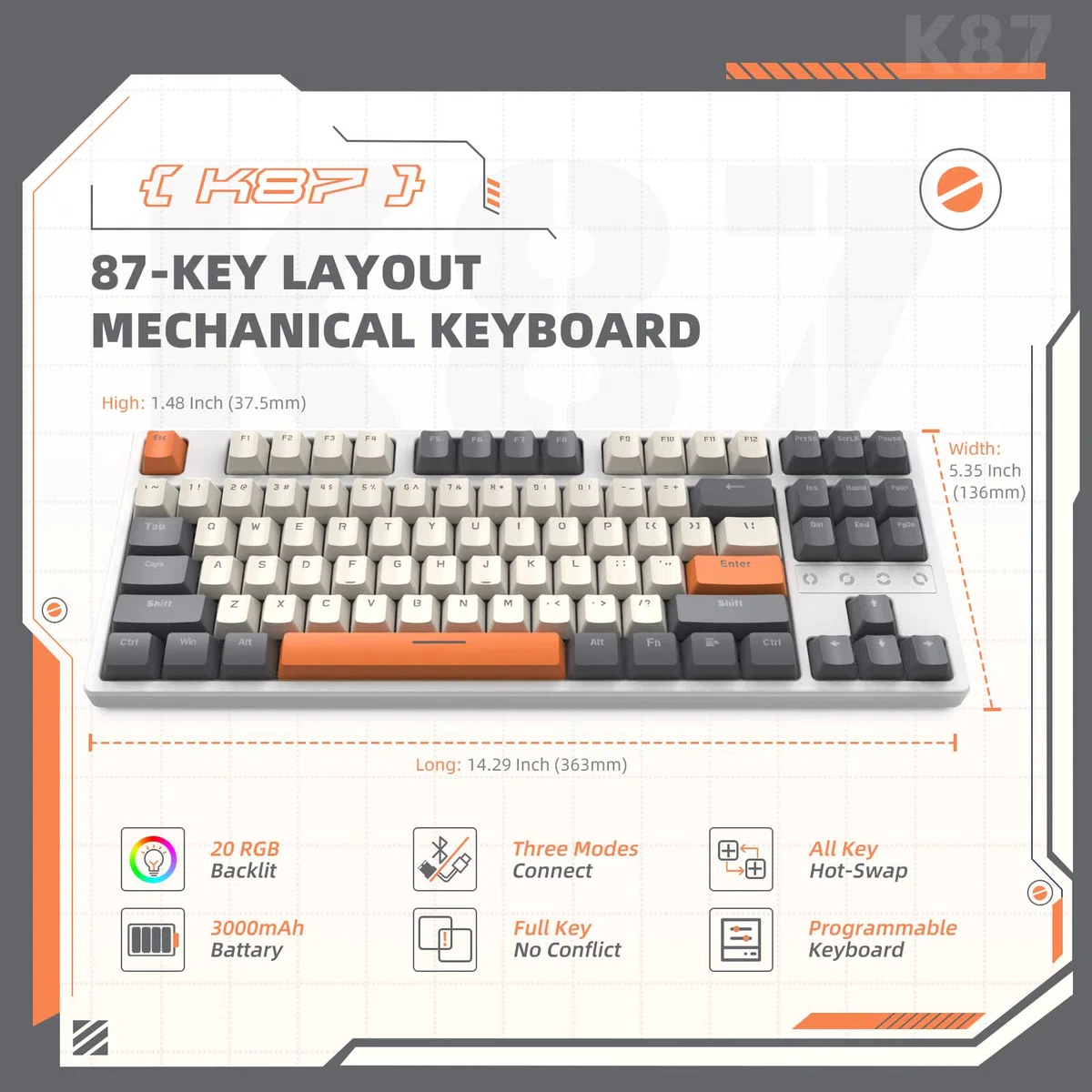 K87 Teclado para Juegos 75% Inalámbrico - Modo triple-BT5.0/2,4G/USB Cable - Compacto 87 Teclas TKL 80% - Iluminación LIGHTSYNC RGB - Interruptor Lineal Silencioso Hot-Swap Recargable 3000mAh - Gris