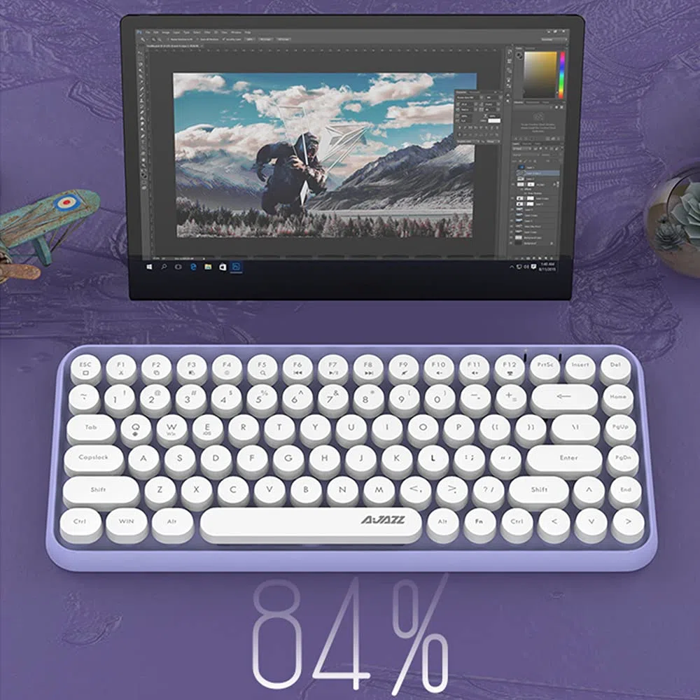 Teclado inalámbrico Bluetooth, lindo mini teclado compacto de 84 teclas, tecnología de conexión inalámbrica Bluetooth de 2.4GHz, tecla ABS retro redonda, panel mate, diseño ergonómico (púrpura)