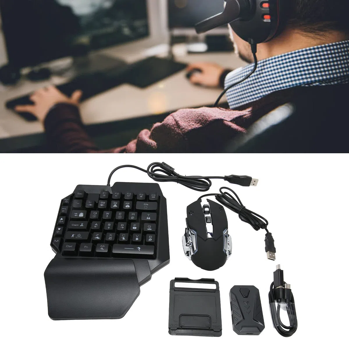 Combo de Teclado para Juegos RGB con una Mano y Mouse Retroiluminado, Retroiluminación LED con Cable USB con Convertidor para XboxONE, Teclado de Sensación Mecánica