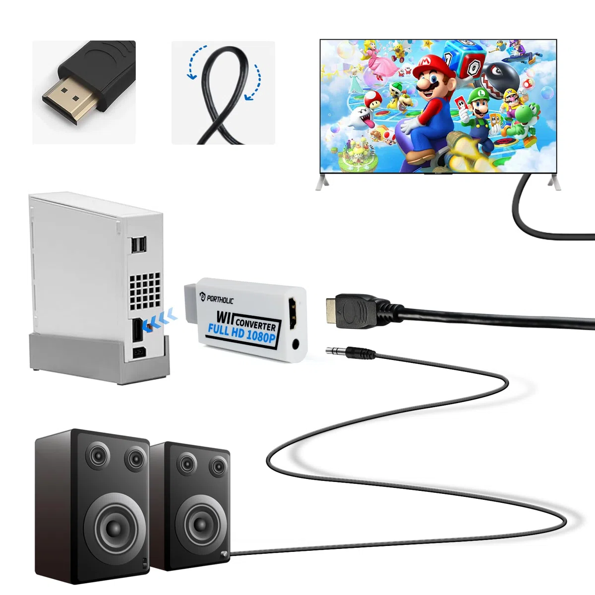 PORTHOLIC Adaptador Wii HDMI con Cable HDMI HD 1080p con Salida de Audio de 3,5 mm y Hdmi, soporta Todos los Modos de visualización Wii para Wii Monitor Projector TV (Blanco)