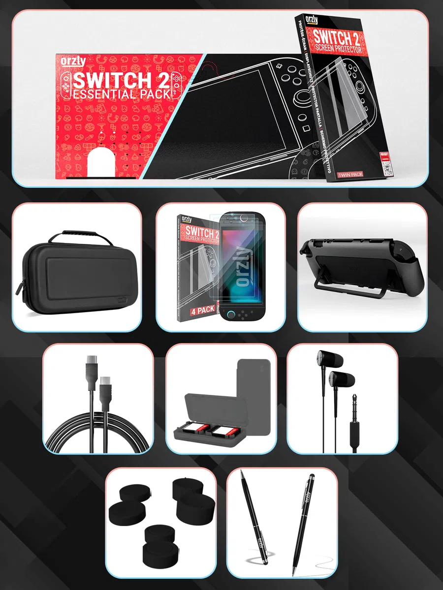 Orzly Pack de Accesorios para Nintendo Switch 2 - Funda de Transporte, Protector de Pantalla, Funda con Agarre, Cable USB-C, Estuche para Juegos, Auriculares y Tapas para Joysticks