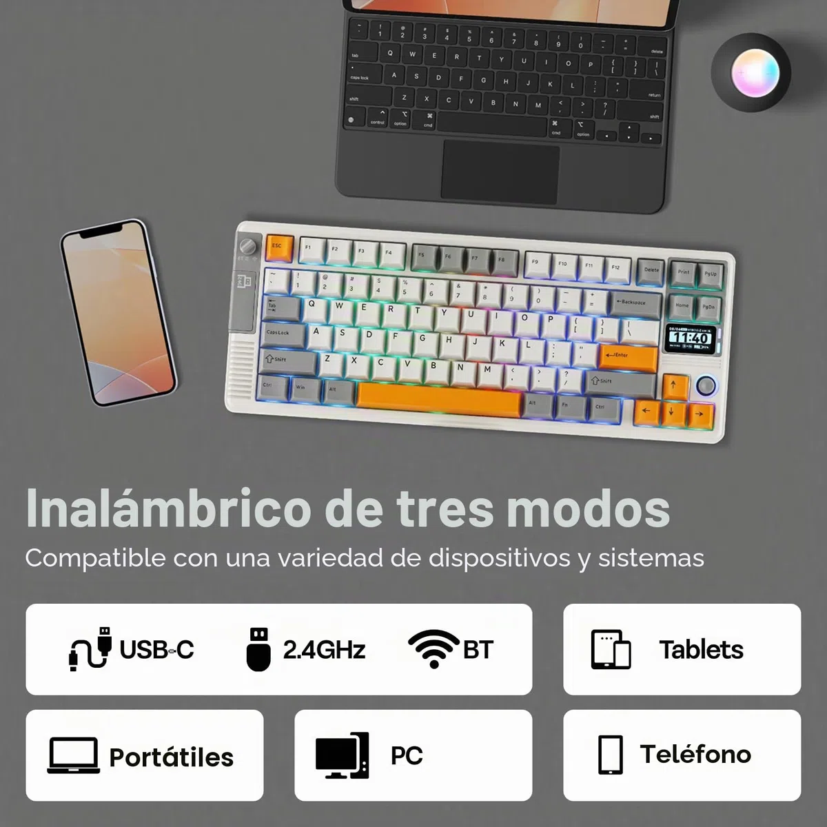 EPOMAKER RT85 Teclado Gaming Mecánico Inalámbrico con Joystick,Blanco Retro | Pantalla Personalizable, 8000mAh, BT/USB/2.4Ghz, Gasket, Acolchado de 5 Capas, Hot-Swap, Teclas PBT, Wisteria Linear Switch