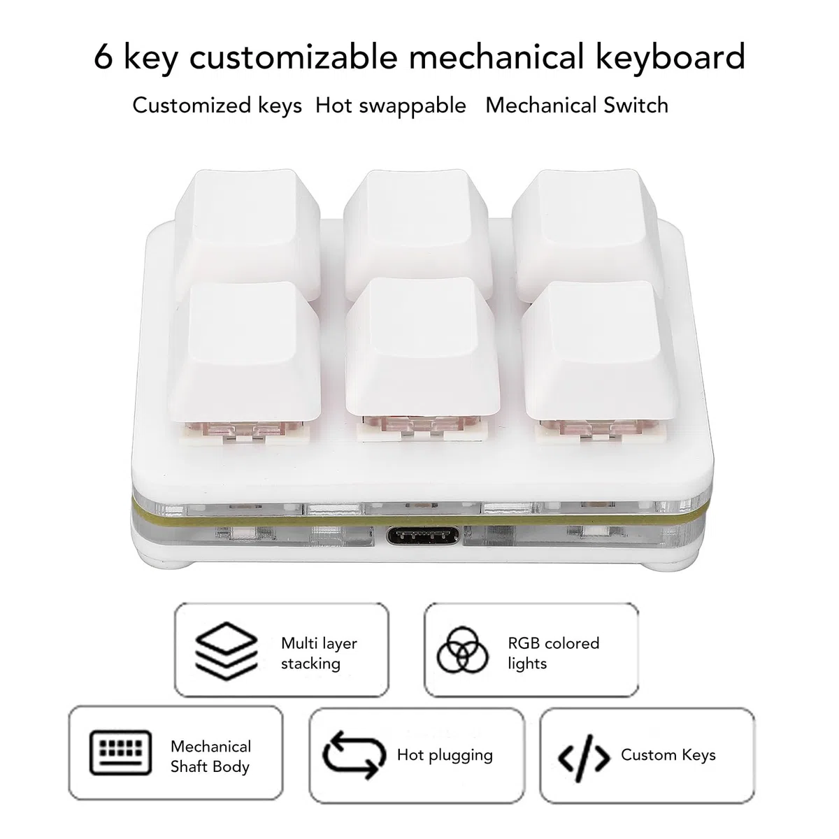 XUMIUZIY Teclado para Juegos de 6 Teclas, Mini Teclado USB, Teclado Macro Programable, Teclado Mecánico RGB, Teclado USB para PC con una Sola Mano para Oficina de Juegos (White)