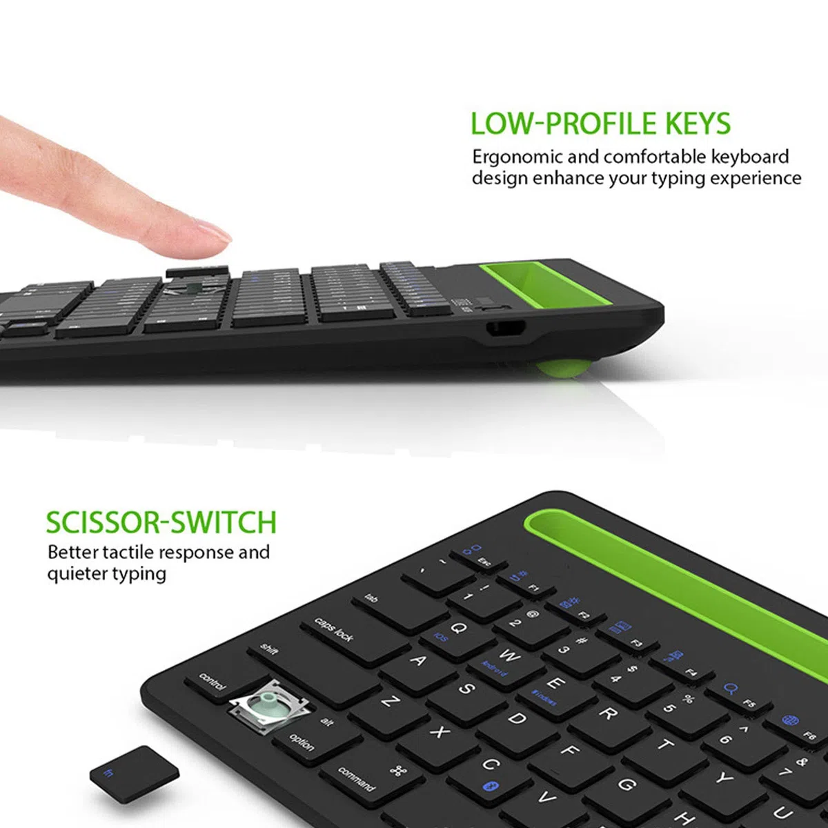 Teclado Inalámbrico Multidispositivo para OS X, Android y Windows, con Ranura para Tarjetas, Diseño de Doble Canal, Construcción de Pie de Tijera, Equipada Teclas de Acceso Rápido, Teclado Bluetooth