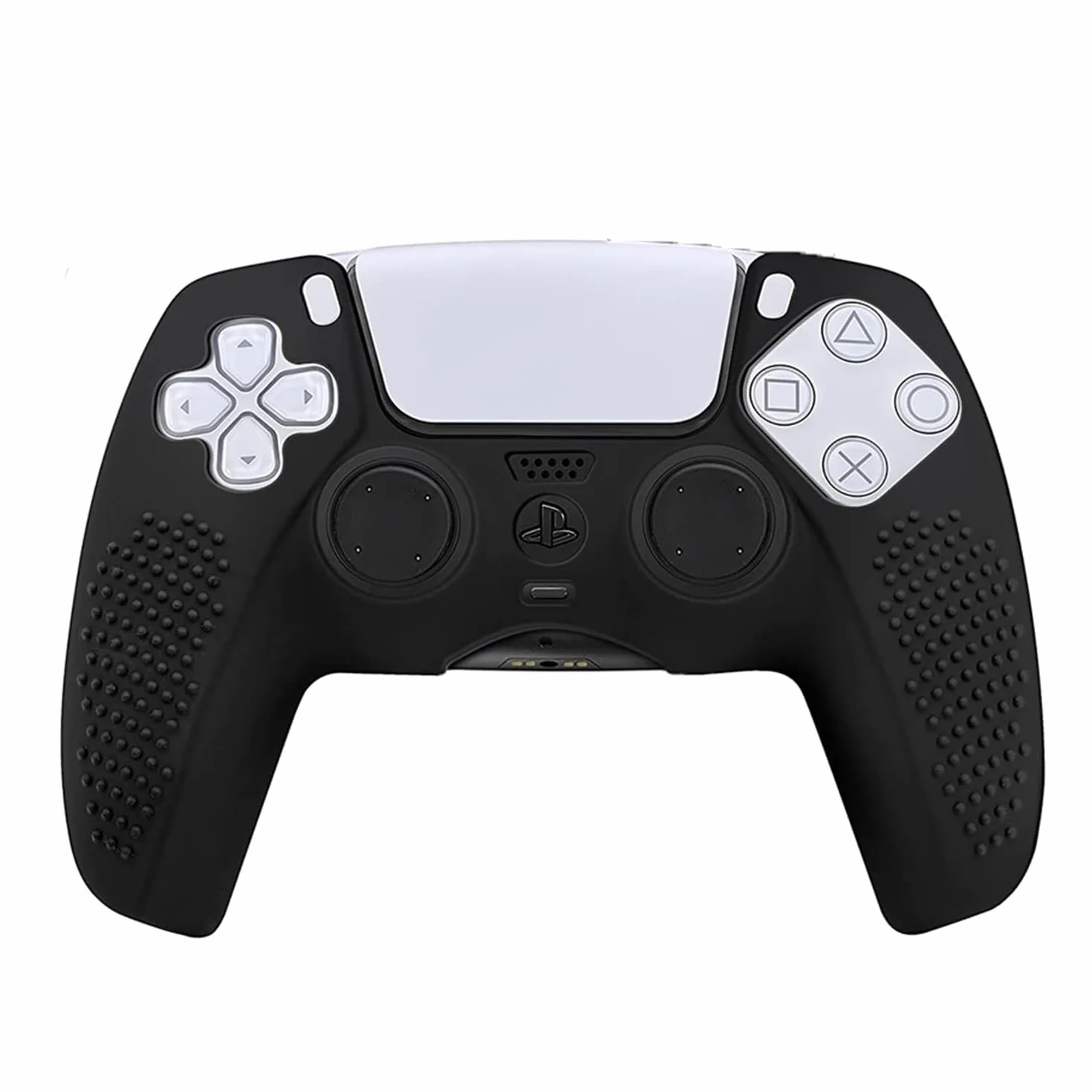 MMOBIEL Cubierta de Piel Antideslizante de Caucho de Silicona con 5 agarres de Pulgar de Diferentes tamaños Compatible con el Controlador DualSense para PS5 - Negro