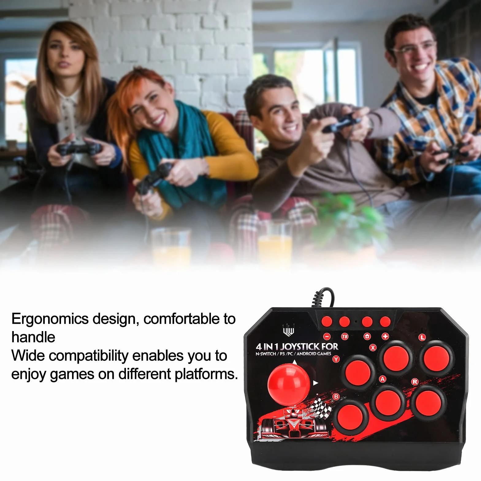 VINGVO Arcade Fight Stick, Arcade Games Accesorios Confort Y Ergonomía Clásico Esquema de Color Negro Y Rojo PC Street Fight Controller para PS3 para Switch para PC