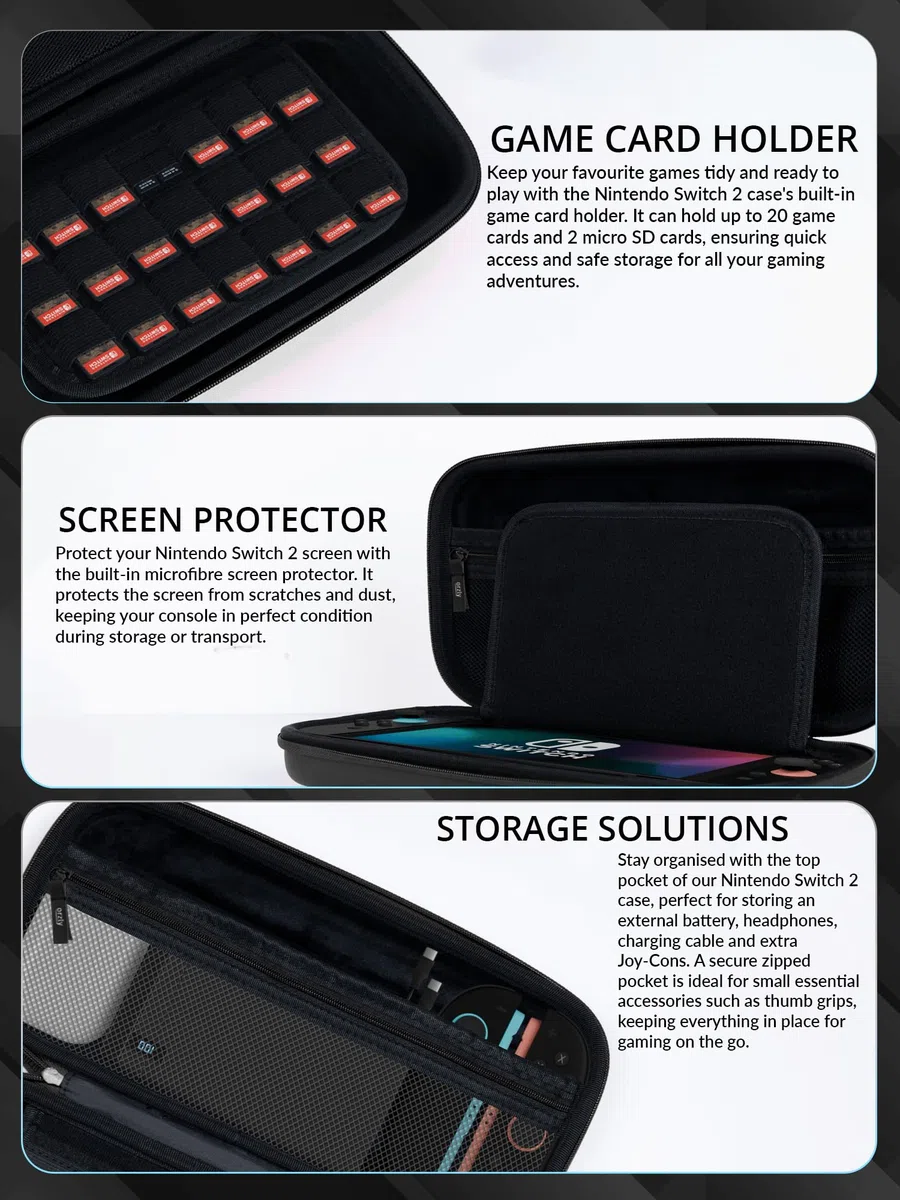 Orzly Pack de Accesorios para Nintendo Switch 2 - Funda de Transporte, Protector de Pantalla, Funda con Agarre, Cable USB-C, Estuche para Juegos, Auriculares y Tapas para Joysticks