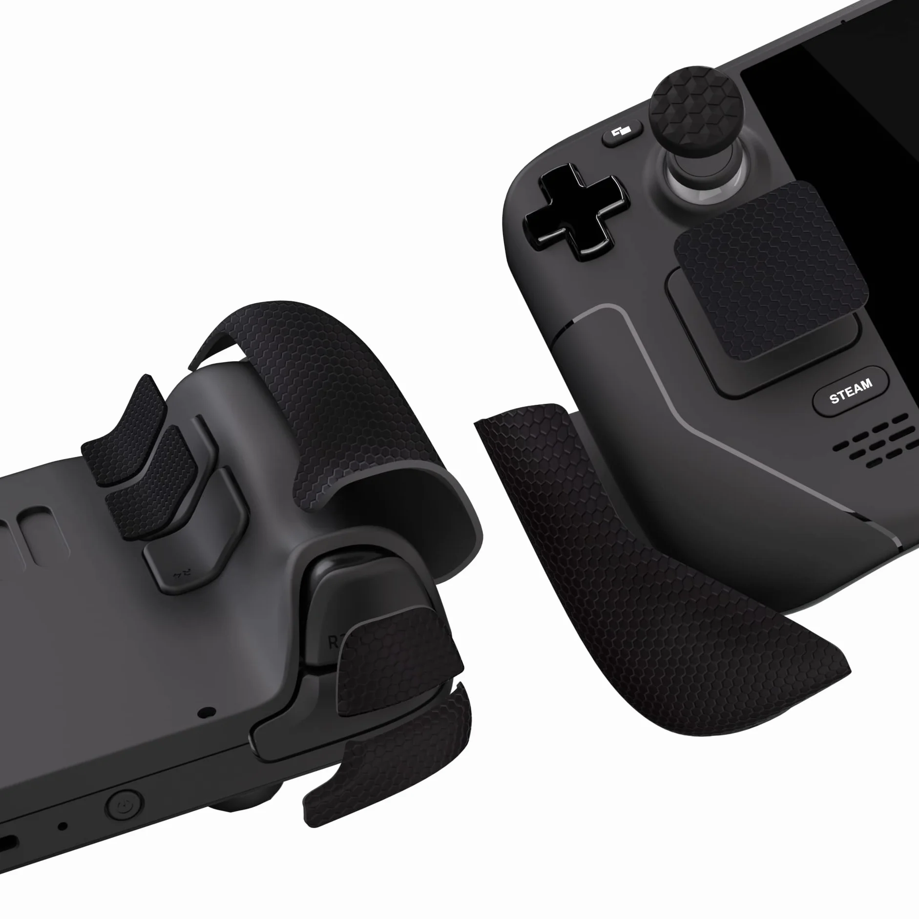 PlayVital Almohadilla de Goma Suave con Textura para Steam Deck LCD & OLED Pegatina para Mejorar el Agarre de la Piel Protector con Botón Trasero y Tapas de Pulgar(Panal Textura-Negro)