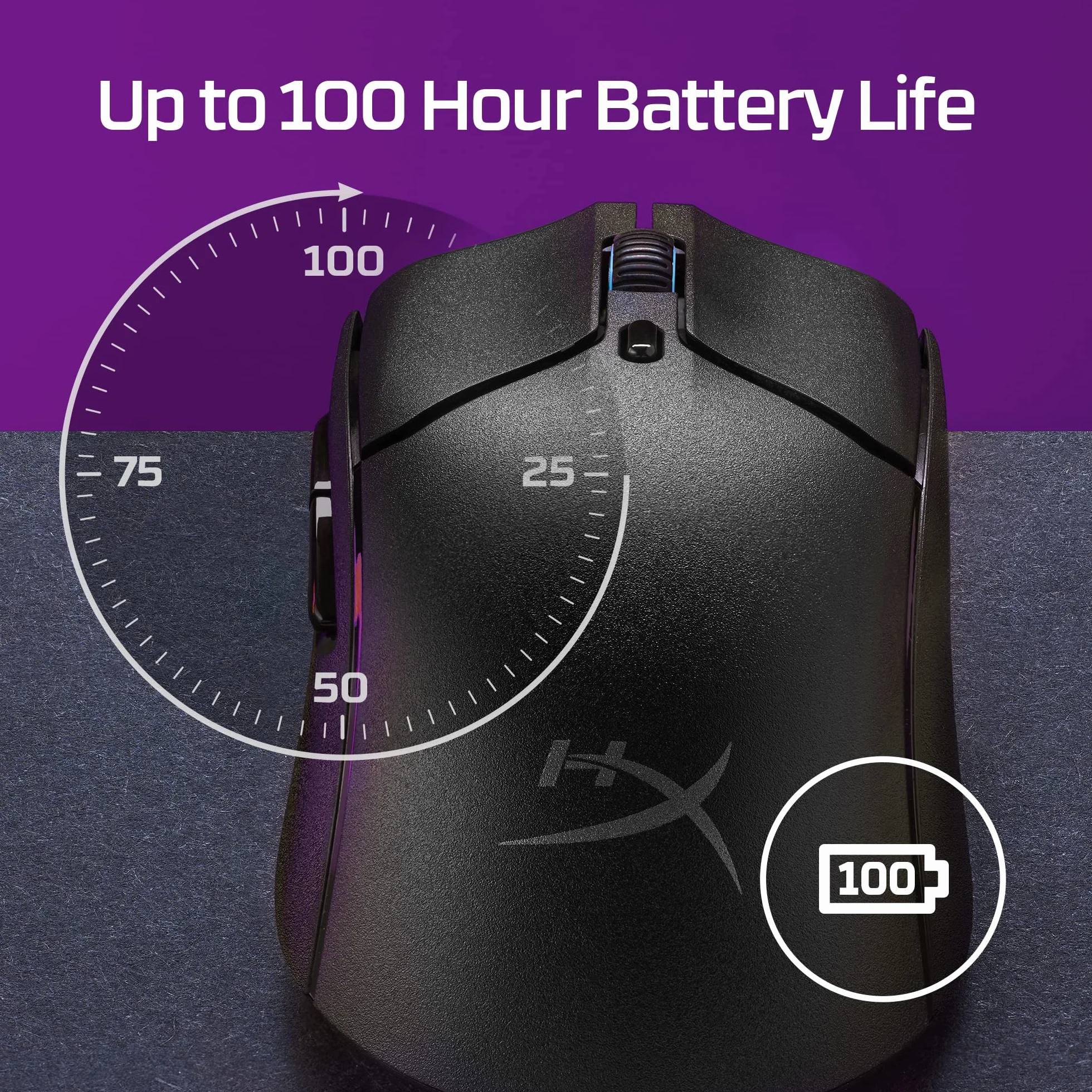 HyperX Haste 2 Wireless – Ratón gaming inalámbrico, ultraligero 61g, batería 100h, sensor preciso HyperX 26K, cable HyperFlex 2, antideslizamiento, color Negro