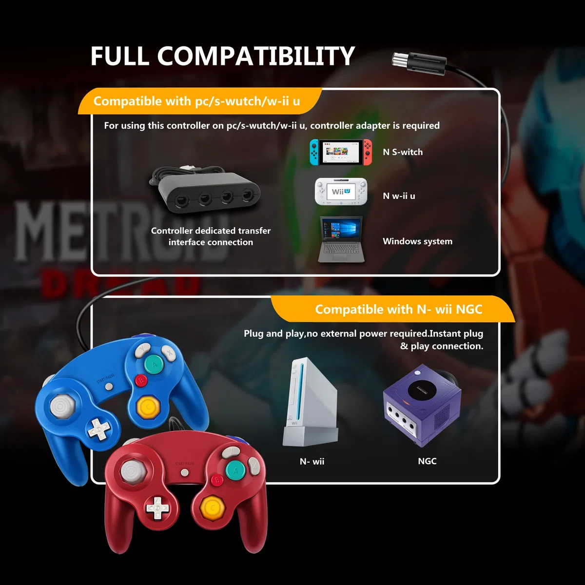 FIOTOK Controlador Gamecube, controlador clásico con cable para Wii y Gamecube | Azul y rojo, paquete de 2