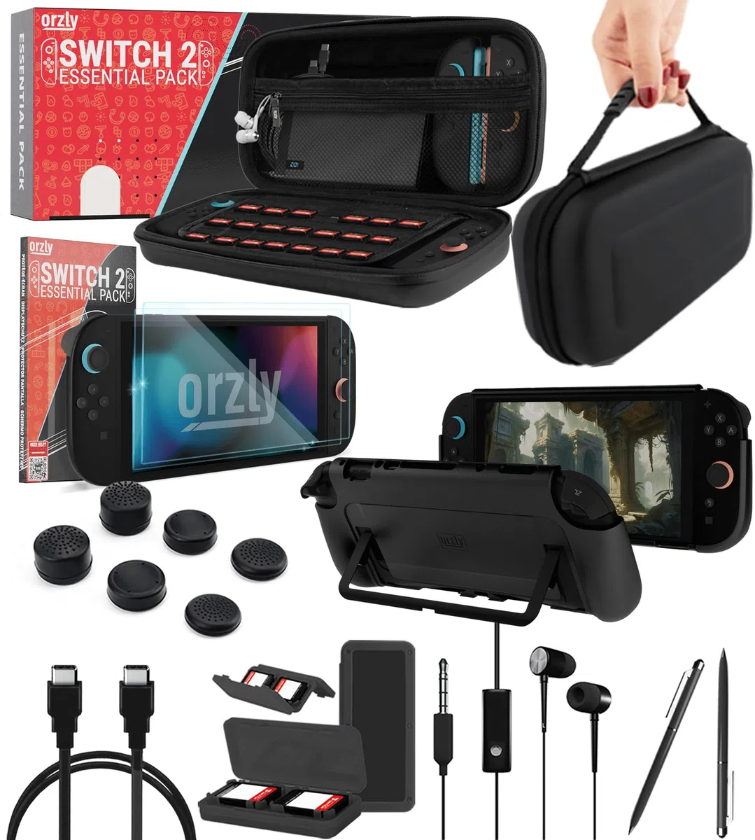 Orzly Pack de Accesorios para Nintendo Switch 2 - Funda de Transporte, Protector de Pantalla, Funda con Agarre, Cable USB-C, Estuche para Juegos, Auriculares y Tapas para Joysticks