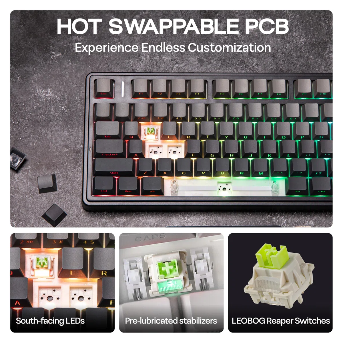 MechLands Aula F75 PRO - Teclado gaming inalámbrico 75%, teclado mecánico personalizado con montura Gasket y acolchado de cinco capas, Bluetooth/2.4GHz/USB-C, intercambiable en caliente, perilla, RGB