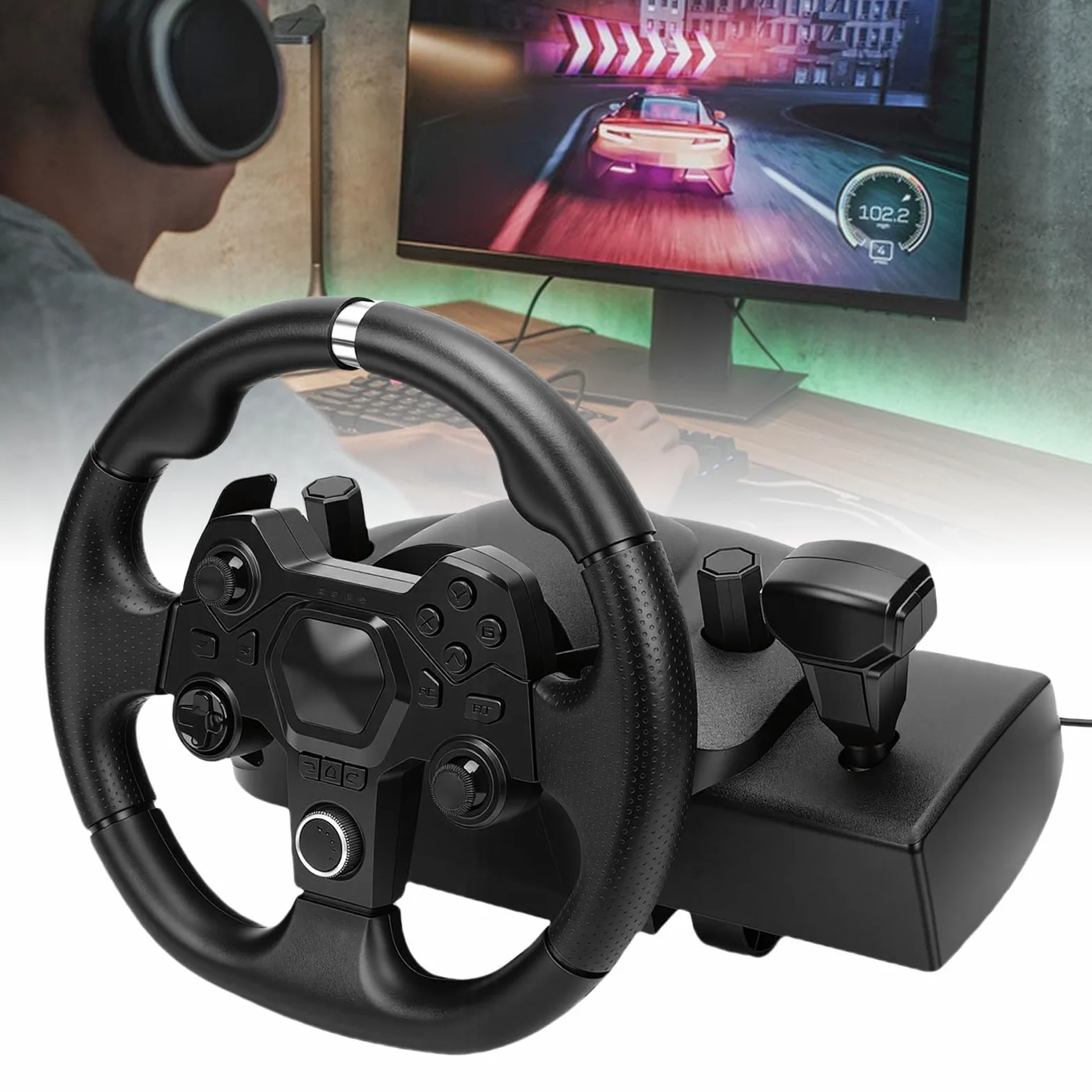 Yanmis Driving Force Volante de Carreras y Pedales de Piso, Real Force Feedback, Juego de Volante Gaming para, para, PC, para