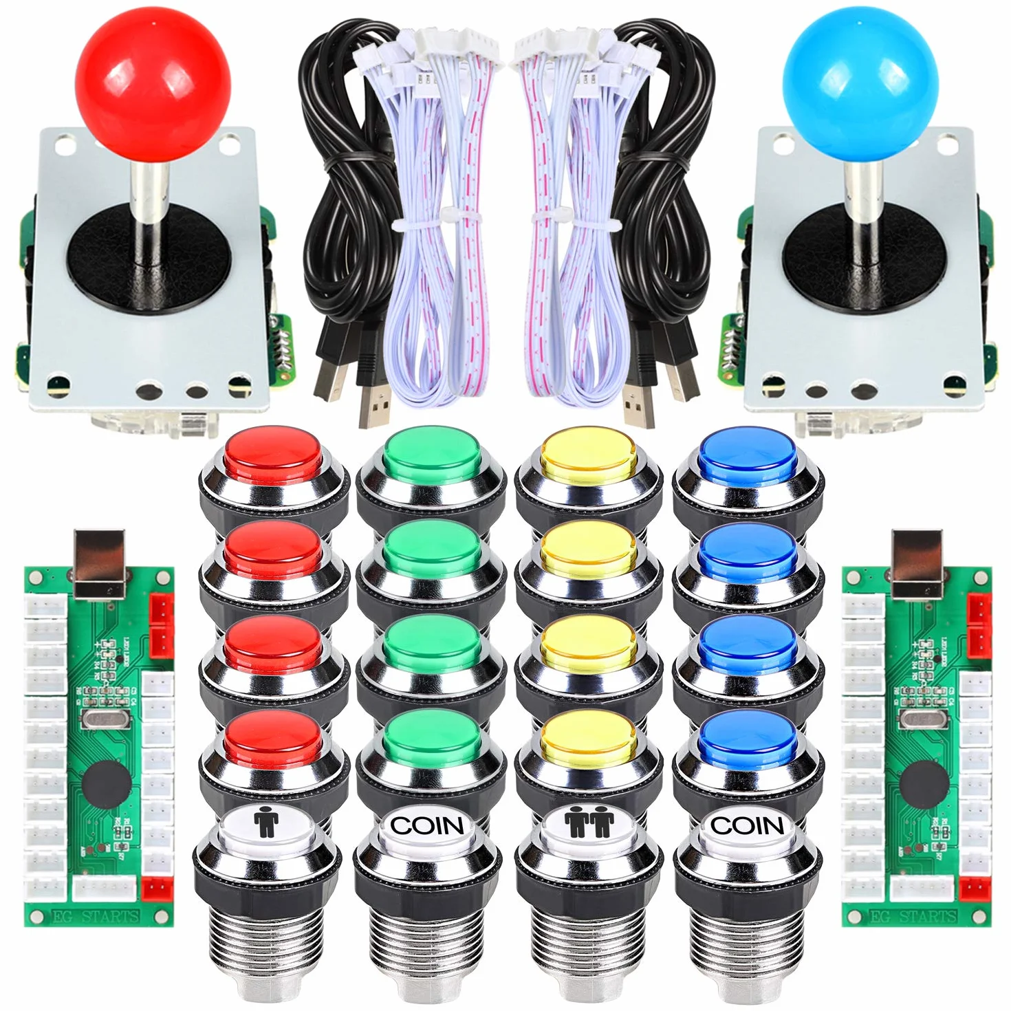 EG STARTS 2 jugadores Classic Arcade Contest DIY Kits USB Encoder to PC 5 Pin Joystick + Chrome LED iluminado Pulsador 1 y 2 jugadores Botones de monedas para Arcade Mame Raspberry Pi 2 3 3B Games