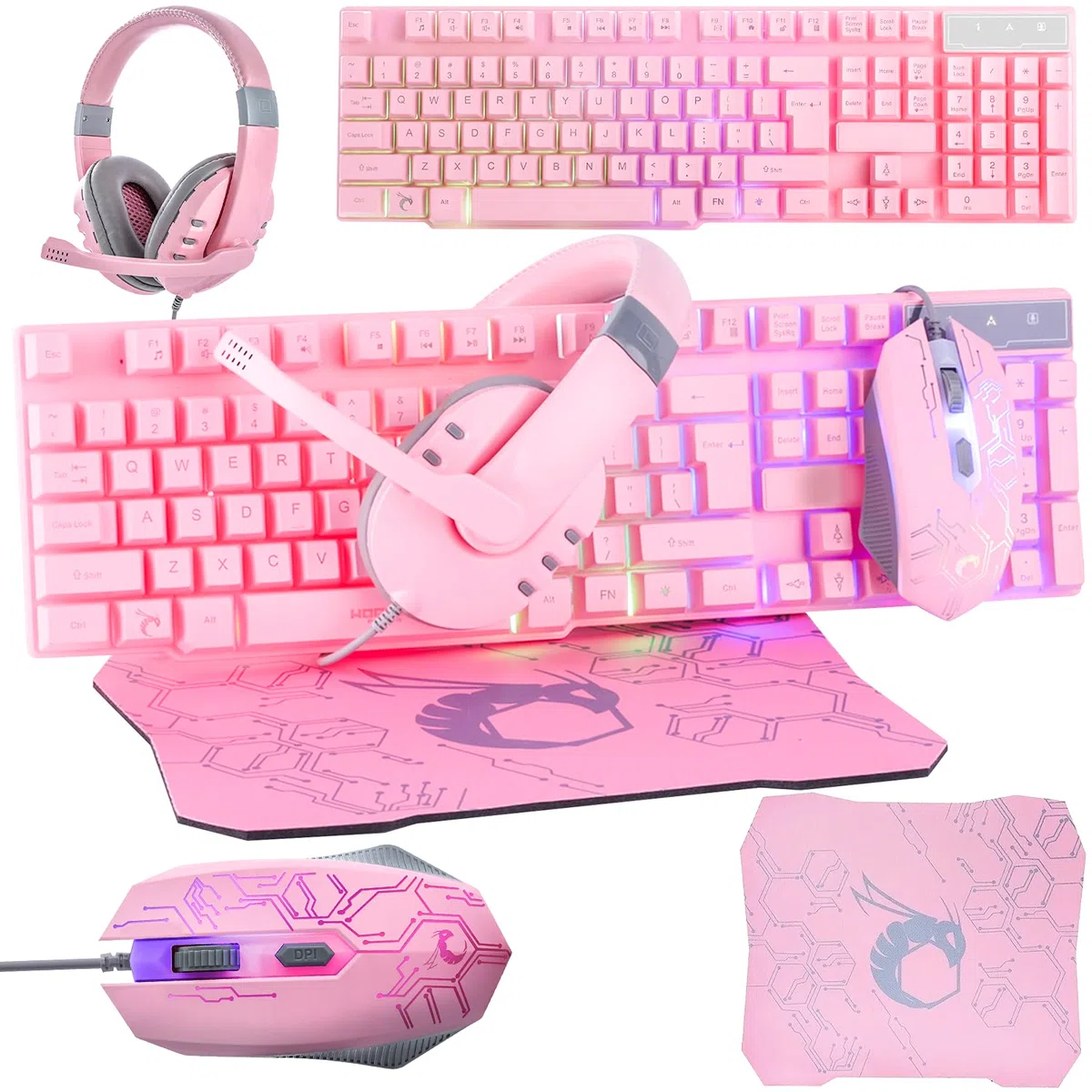 Teclado y mouse rosa para juegos, auriculares y alfombrilla de mouse con cable, retroiluminación LED RGB, accesorios de PC rosa para jugadores y usuarios de Xbox y PS4, PS5, Nintendo Switch, edición 4